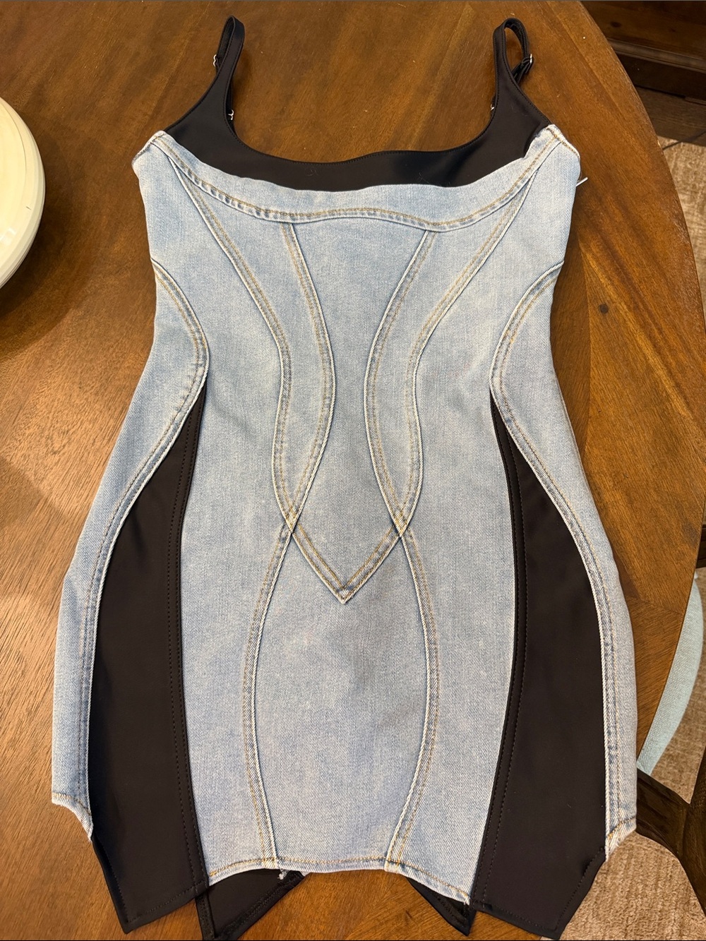 Mugler Light Blue Denim and Black Contrast Mini Dress